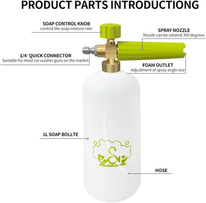 ESP Foam Cannon Snow Foam Lance Pressure Power Jet Washer Quick Release Adjustable Nozzle with 1 Liter Bottle Washing Mitts 1 Towel
