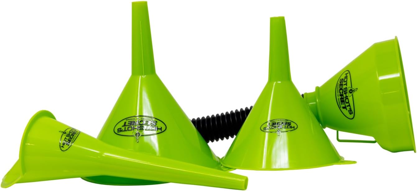 Hot Shot’s Secret 4-Piece Funnel Set – Flexible Oil Funnels for Automotive Fluids