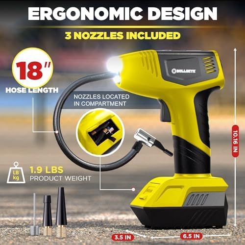 BULLSEYE PRO Tire Inflator with Pressure Gauge, Compact and Portable, Automatic Shut Off, 150 PSI Max, USB Home Rechargeable and Cord for Vehicular Use As Seen On TV (9475)