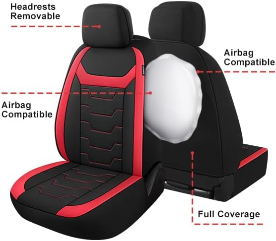CAROMOP Luxury PU Leather Car Seat Covers Full Set-Waterproof Seat Protectors with Split Bench Seat Covers for Cars-Universal Cars Interior Covers for Sedans, SUVs, Pick-up Trucks(Gray/Gray Line)