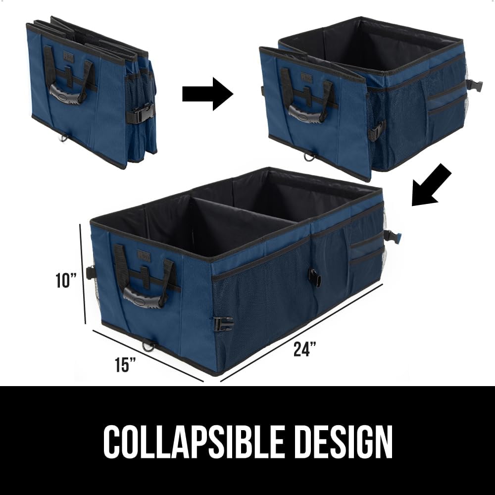 GORILLA GRIP Trunk Organizer for SUV and Cars, Large Capacity Collapsible Car Trunk Storage Organizer, Heavy Duty Car Accessories, Gifts for Mom and Dad, Slip & Water Resistant Multi Compartment Black