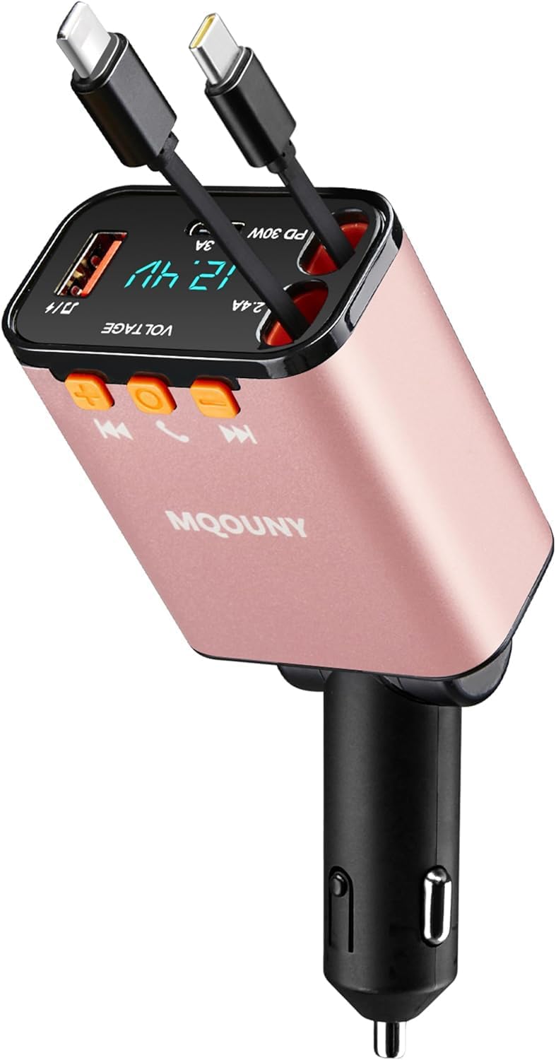 Retractable Car Charger,5 in 1 Fast Cars Phone Charger 60w,Bluetooth 5.3 FM Transmitter Adapter,Handsfree Call,MP3 Player,2 Retractable Cables and USB Chargers, for Phone,Galaxy,Pixel (Black)