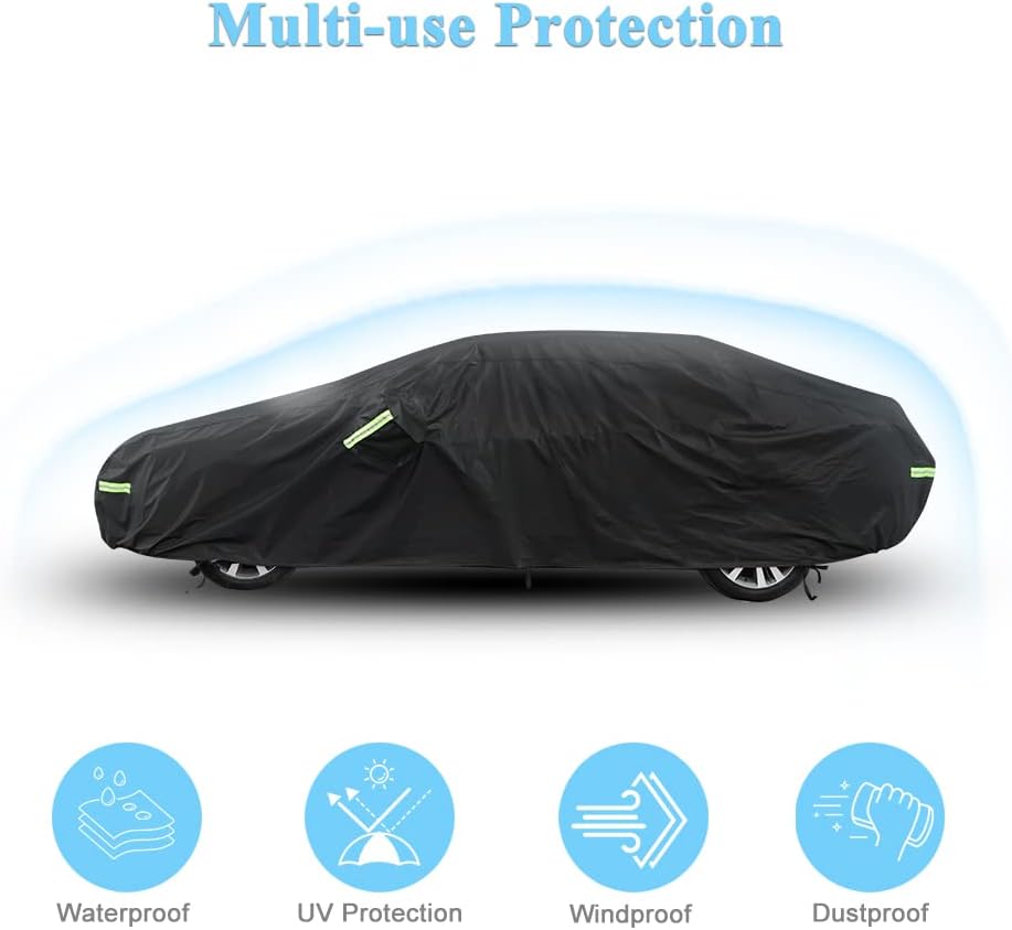Car Cover Waterproof All Weather for Automobiles, Outdoor Full Exterior Covers for Sedan Black(Suggest Car Length from 194"-208")