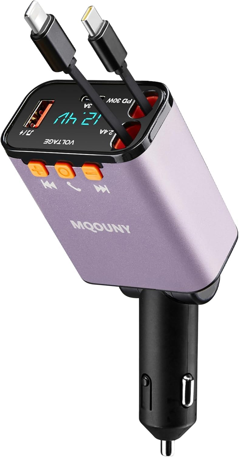 Retractable Car Charger,5 in 1 Fast Cars Phone Charger 60w,Bluetooth 5.3 FM Transmitter Adapter,Handsfree Call,MP3 Player,2 Retractable Cables and USB Chargers, for Phone,Galaxy,Pixel (Black)