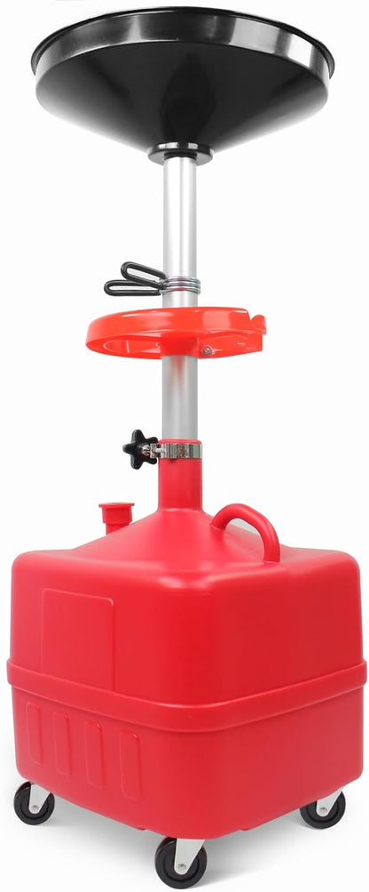 MaxWorks 50964 9-Gallon Portable Waste Oil Drain, Industrial Fluid Drain Square Tank with Wheels and Adjustable Funnel Height. Red.