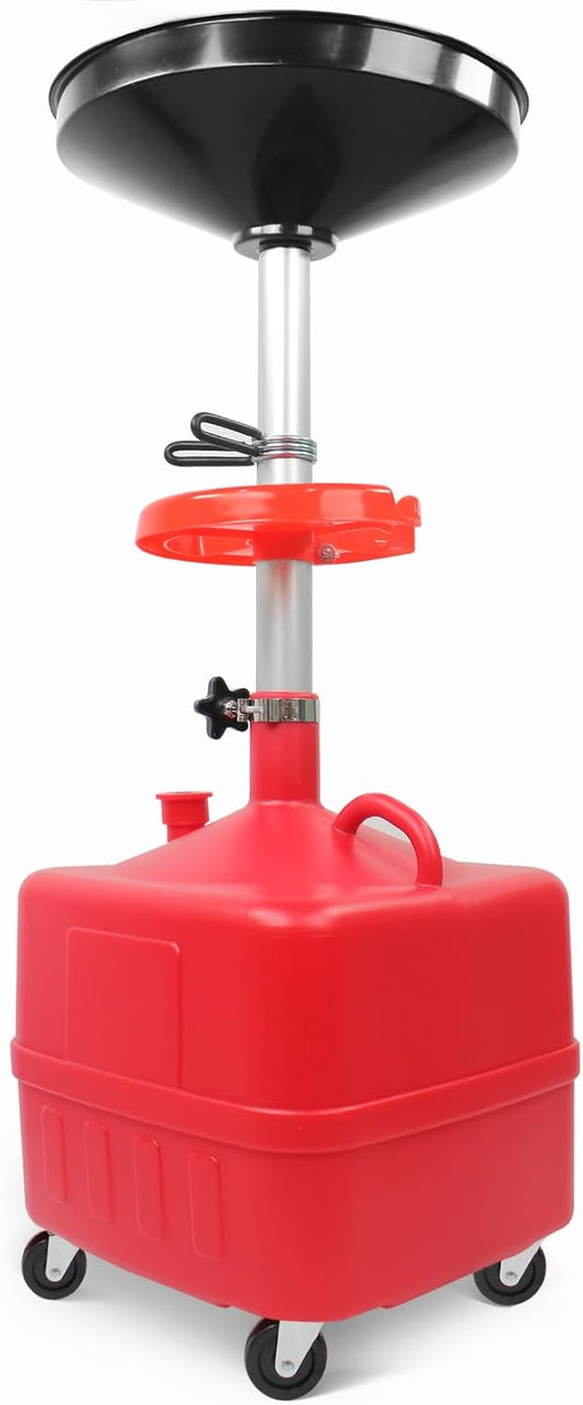 MaxWorks 50964 9-Gallon Portable Waste Oil Drain, Industrial Fluid Drain Square Tank with Wheels and Adjustable Funnel Height. Red.