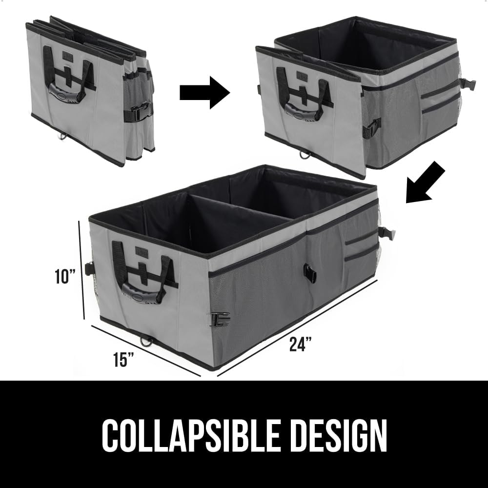 GORILLA GRIP Trunk Organizer for SUV and Cars, Large Capacity Collapsible Car Trunk Storage Organizer, Heavy Duty Car Accessories, Gifts for Mom and Dad, Slip & Water Resistant Multi Compartment Black