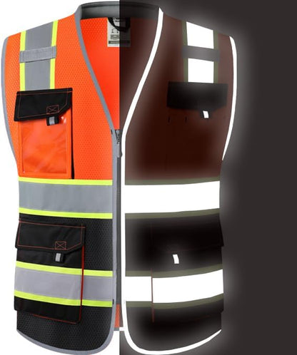 JKSafety Safety Vest for Men Women Hi Vis with Pockets and Cushioned Collar Construction Vest Meet ANSI Standard (BX360)