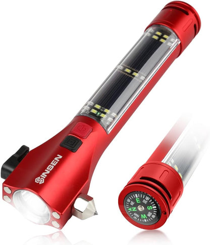 SINSEN Car Safety Hammer Flashlight, Tactical Emergency Rescue Tool, LED High Lumens Rechargeable Solar Powered Escape Kit, Window Glass Breaker and Seatbelt Cutter, Self Defense Multi-Function Torch
