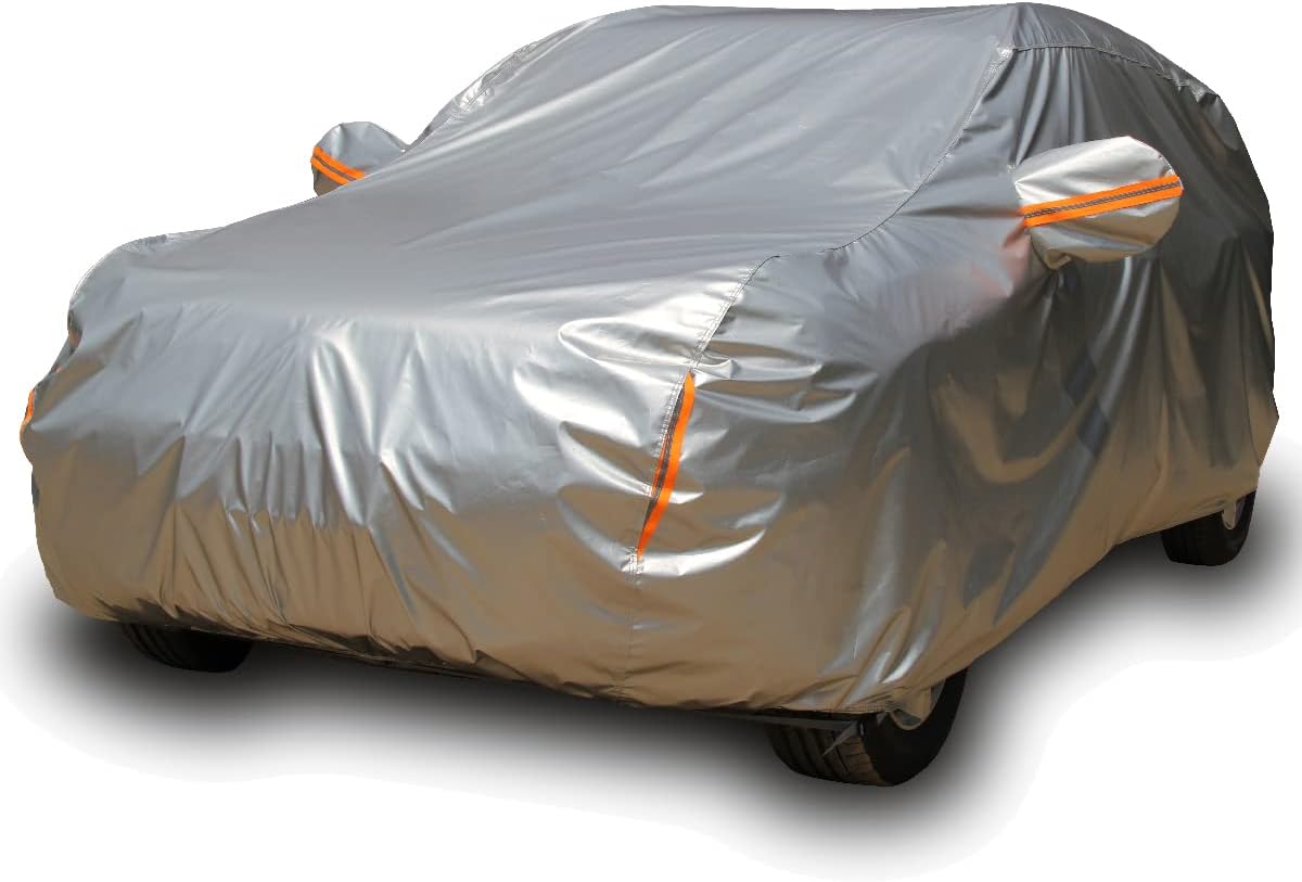 Tecoom Heavy Duty Multiple Layers Car Cover All Weather Waterproof Windproof Reflective Snow Sun Rain Protective Outdoor with Buckles and Belt Fit 191-200 Inches Sedan