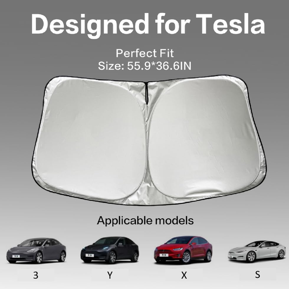 300T Sunshade for Tesla Model Y Model 3, Car Accessories 2026 for Tesla, Front Window Sunshade with Organizer Bag, Gifts for Tesla Owners