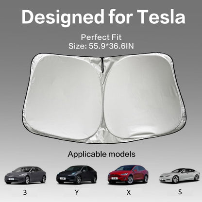 300T Sunshade for Tesla Model Y Model 3, Car Accessories 2026 for Tesla, Front Window Sunshade with Organizer Bag, Gifts for Tesla Owners