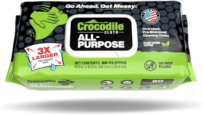 Crocodile Cloth All-Purpose Cleaning Wipes – 80 Count, 15"x10" Extra Large Plant-Based Disposable Cloths – Moist, Absorbent, Safe on Skin, Multi-Surface Use