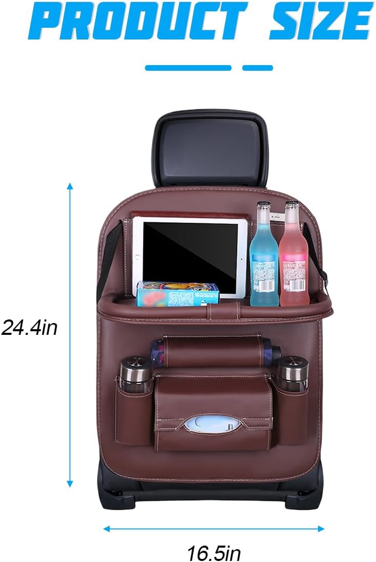 Car Seat Back Organizer, Leather Vehicle Seatback Storage Pocket with Foldable Table Tray, Multifunctional Automotive Backseat Protectors Kick Mats Accessories, Universal Fit (Brown)