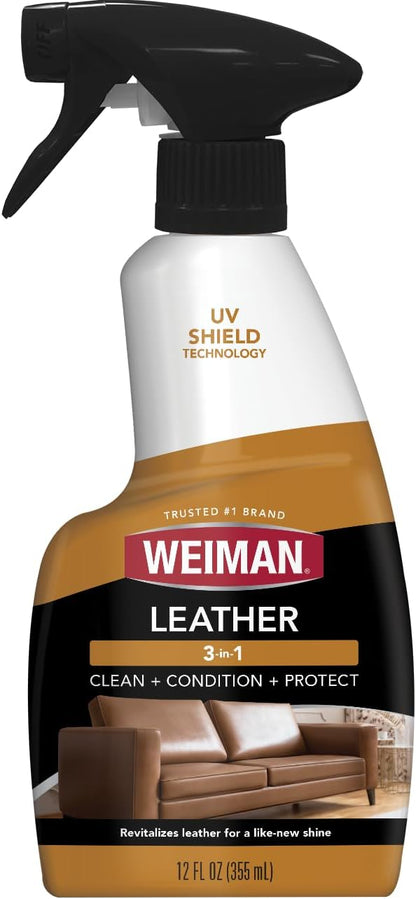 Weiman Leather Cleaner & Conditioner - Cleans, Restores & Protects Leather, UV Protection Prevent Cracking & Fading, Auto, Sofas, Shoes, Bags & All Finished Leather Surfaces, 1 Pack, 12 Fl Oz