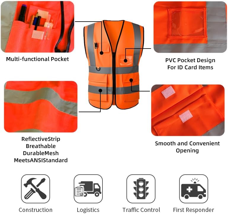 Reflective Safety Vest for Women Men High Visibility Security With Pocket Zipper Front Meet ANSI/ISEA Standard