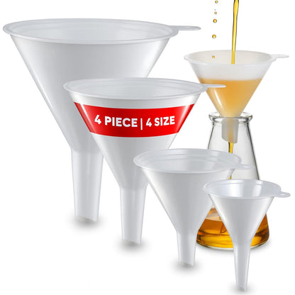 Oil Funnel Set (Orange, 4-Pack) – Plastic Funnels for Automotive Use – Funnels for Kitchen Use Filling Bottles and containers – Funnel for Water Bottles, Gas, Car Oil, Lubricants and Fluids