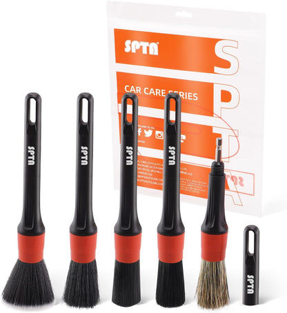 SPTA Car Detailing Brush Set, 5 Pack Soft Boar Hair Auto Detail Brush Kit with Elbow for Automotive Elegant Surface Interior Exterior Dashboard Emblems Panels Engine Bay Wheels Air Vent Seat Leather