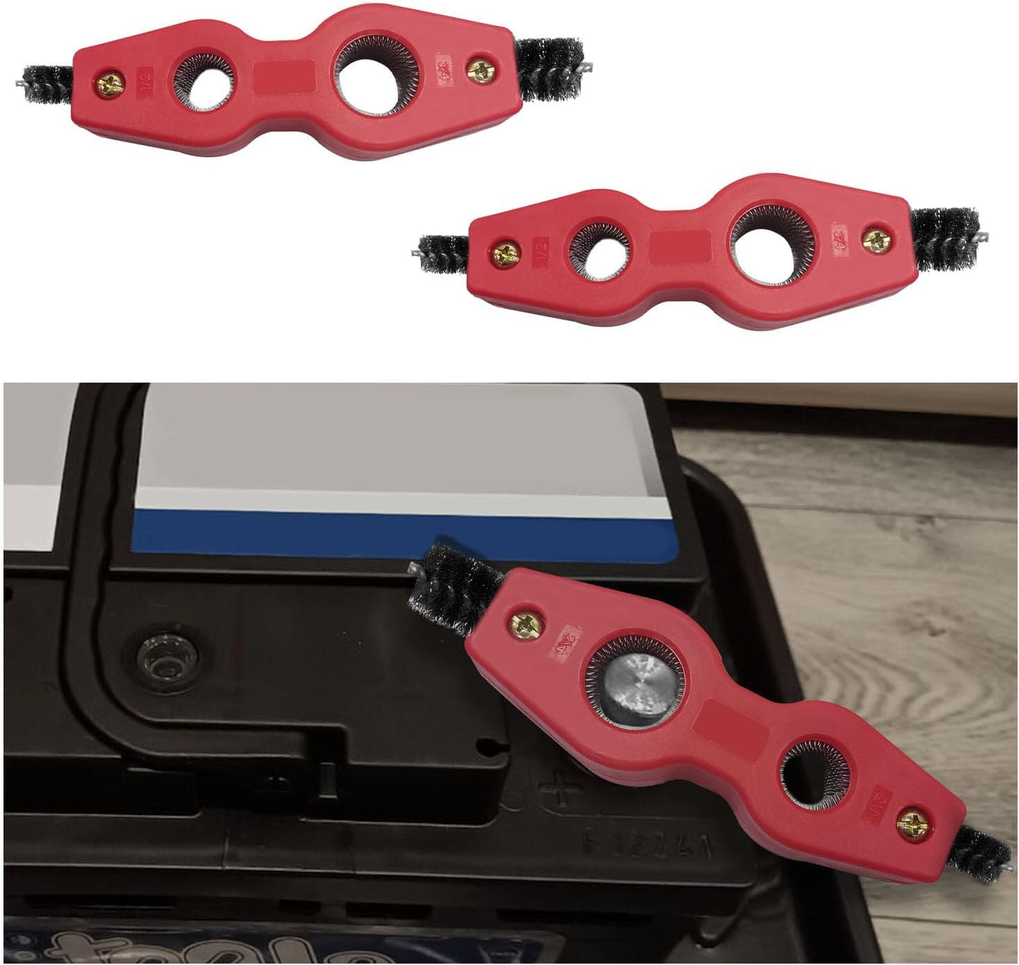 Dickno Car Battery Terminal Cleaning Brush, 4 in 1 Anti-Rust Auto Battery Cleaner with Steel Wire, Universal Vehicle Battery Terminals Machine Parts Cleaning Tool Accessories (Red)