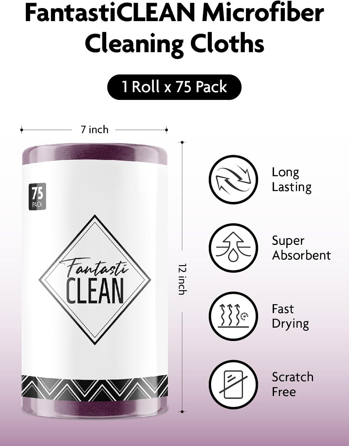 Fantasticlean Microfiber Cleaning Cloth Roll -75 Pack, Tear Away Microfiber Towels, 12" x 12", Reusable, Washable, Scratch Free, Ultra Absorbent for All-Around Cleaning Supplies (DimGray)