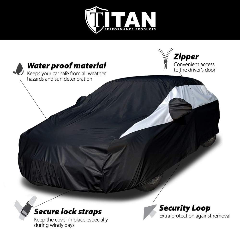 Titan Jet Black Poly 210T Car Cover for Sedans 186-202". Waterproof, UV Protection, Scratch Resistant, Driver-Side Zippered Opening. Fits Camry, Accord and More.