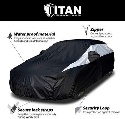 Titan Jet Black Poly 210T Car Cover for Sedans 186-202". Waterproof, UV Protection, Scratch Resistant, Driver-Side Zippered Opening. Fits Camry, Accord and More.