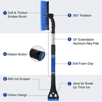 34" Extendable Ice Scrapers for Car Windshield 2-in-1 Snow Brush for Car Snow Scraper for Car Snow Scraper and Drush with Ergonomic Foam Grip for Cars, Trucks, SUVs with 360° Pivoting Brush Head Blue