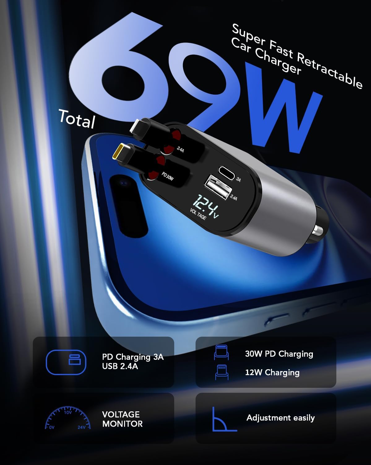 Retractable Car Charger,Car Phone Charger USB C Fast Charge,Cigarette Lighter USB Charger Car Accessories for Women,Road Trip Essentials Gift for Men,Car Charger for iPhone 17/16/15,Galaxy S26,Pixel