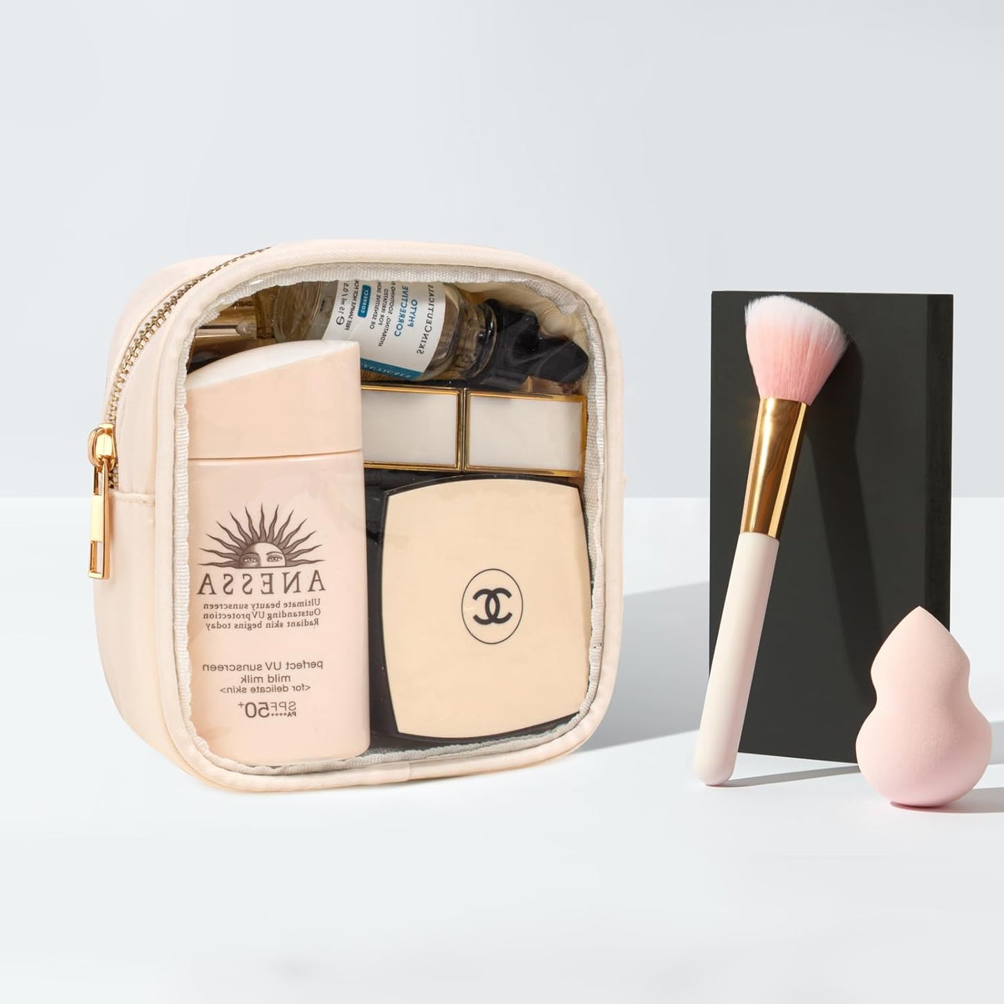 Small Clear Makeup Bag for Purse Small Cosmetic Bag Travel Size Toiletry Bags Cute Travel Makeup Bag,Coin Purse,Car Asscessories Organizer Storage Travel Essentials for Women Girls(Clear-Beige)