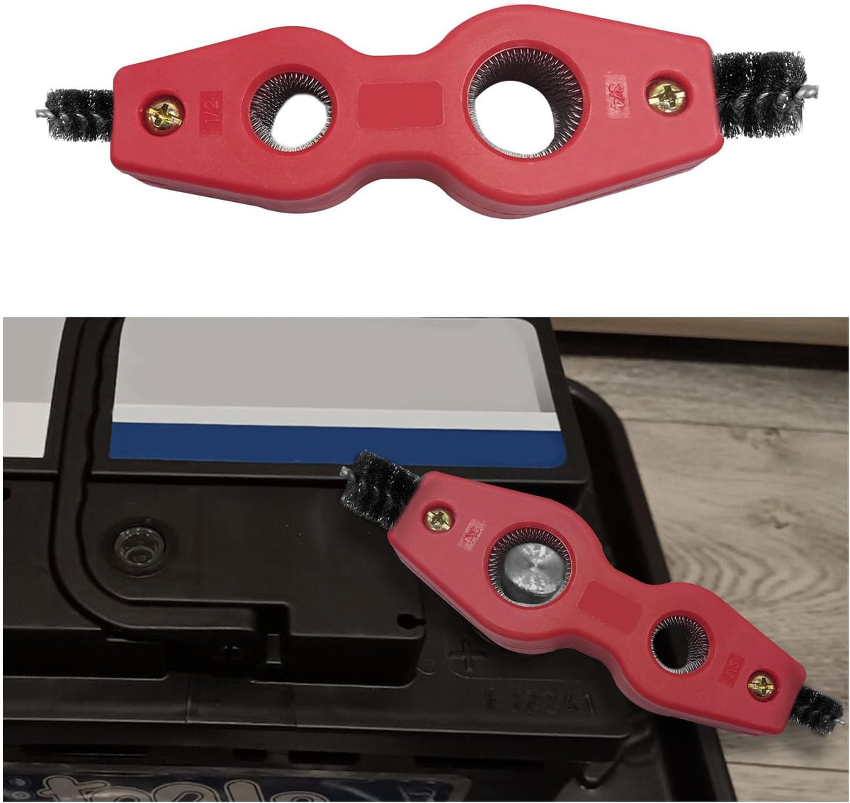 Dickno Car Battery Terminal Cleaning Brush, 4 in 1 Anti-Rust Auto Battery Cleaner with Steel Wire, Universal Vehicle Battery Terminals Machine Parts Cleaning Tool Accessories (Red)