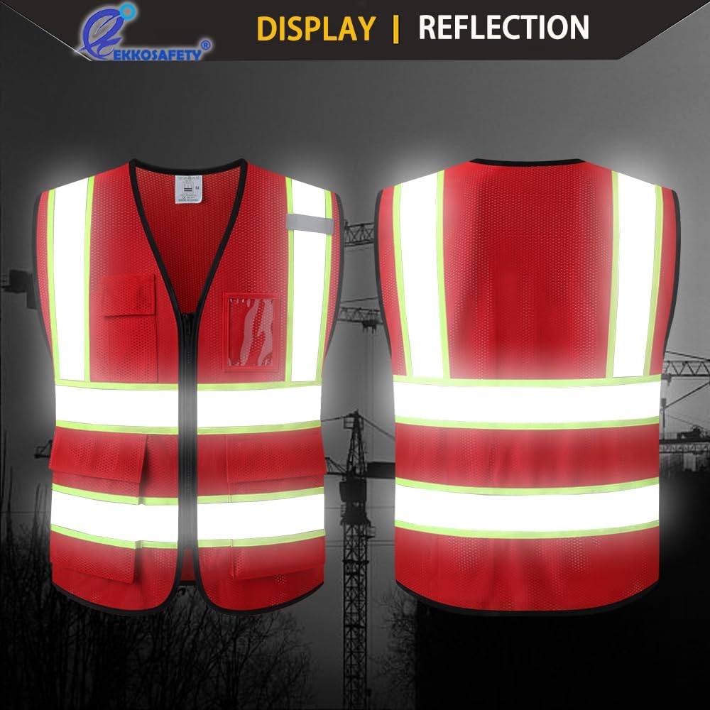 Reflective Mesh Safety Vest for Men Women with 5 Pockets and Zipper Front High Visibility Mesh Vest Hi Vis Construction Work Vest,Meets ANSI/ISEA Standards(EK175-Yellow-L)