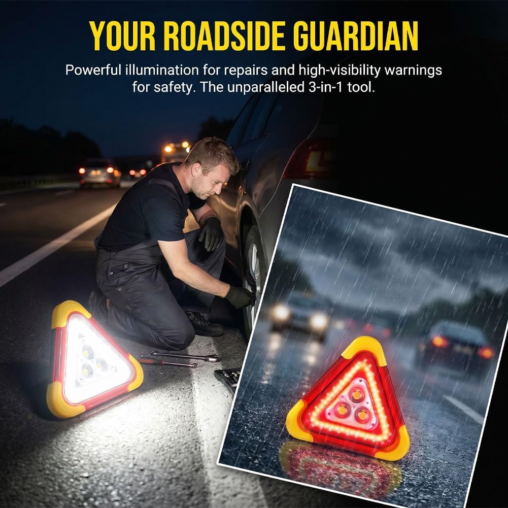 2026 New 3-in-1 Solar Emergency Triangle Warning Light at the Roadside, Portable LED Roadside Triangles with USB Rechargeable, Waterproof Hazard Reflector for Car Breakdowns (1Set, 6.5*7.28inch)