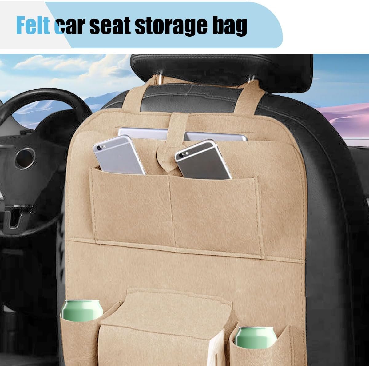 LAINLOY Felt Car Seat Back Organizer, Kick Mats Car Back Seat Protector for Kids, 6-Pocket Storage for Tissue, Box, Pen, Toy, Automobile Road Trip Accessories for SUV, RV, Truck (Black)