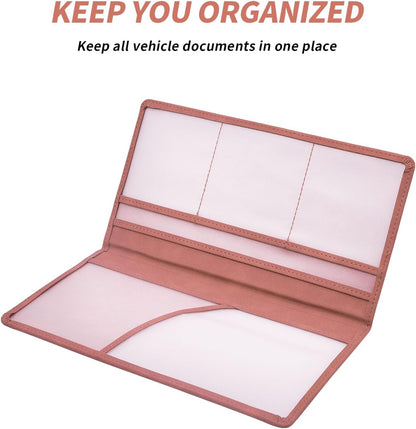 Car Registration and Insurance Card Holder - Vehicle Glove Box Document Organizer - Premium PU Leather Wallet Case - Driver License - Pink