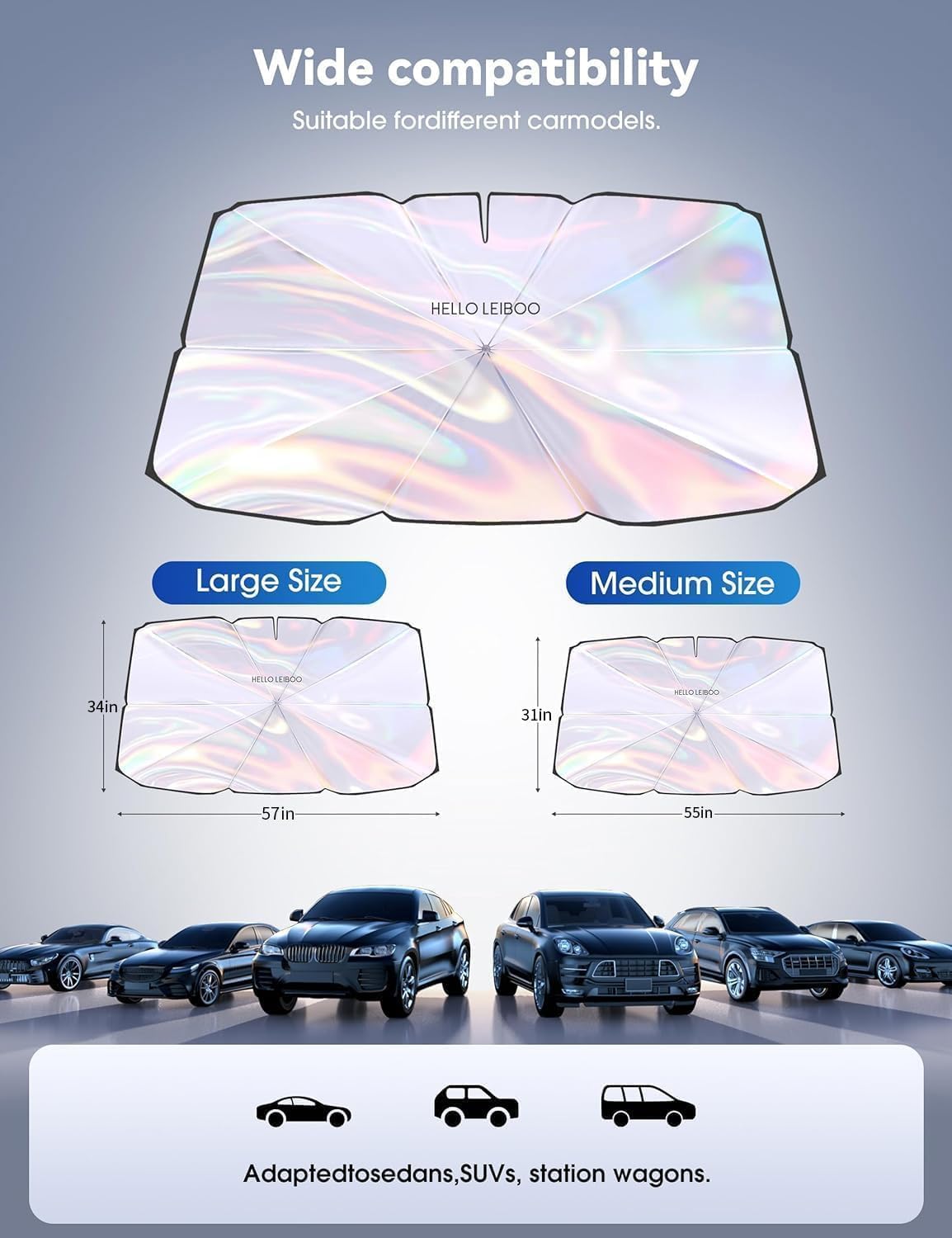 helloleiboo Car Windshield Sun Shade Umbrella 57" x 32", Windshield Sun Shade Foldable with 5-Layer Thickened Vinyl Coating Reflective Heat & UV Protection Fits Most Sedans & Compact SUVs