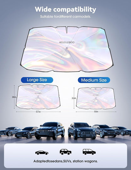helloleiboo Car Windshield Sun Shade Umbrella 57" x 32", Windshield Sun Shade Foldable with 5-Layer Thickened Vinyl Coating Reflective Heat & UV Protection Fits Most Sedans & Compact SUVs