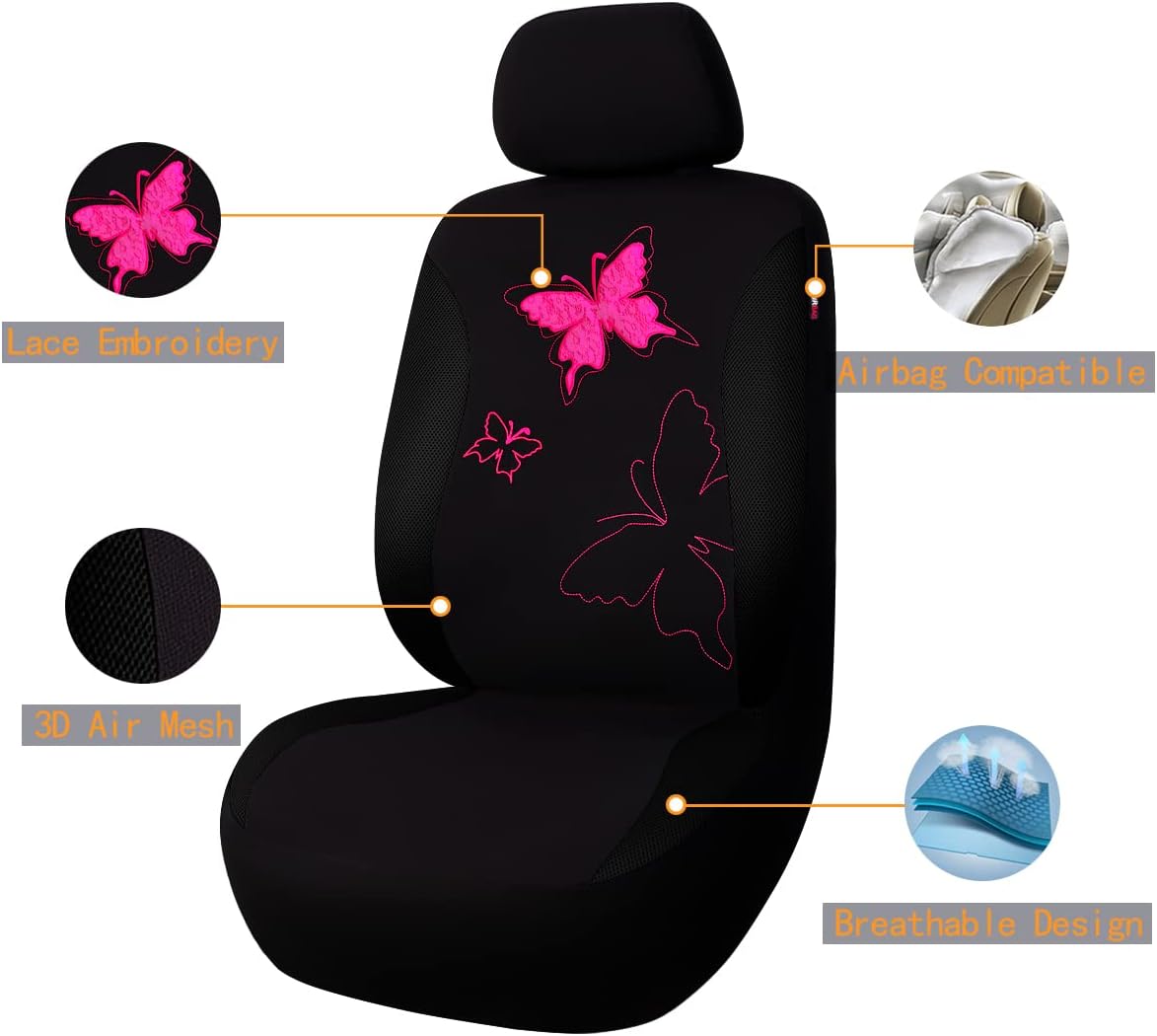 Flying Banner Butterfly car seat Covers ful Set Fashion Universal Lady Woman Female Rear Bench Split Colorized (Pink, 2 Fronts - Lace)