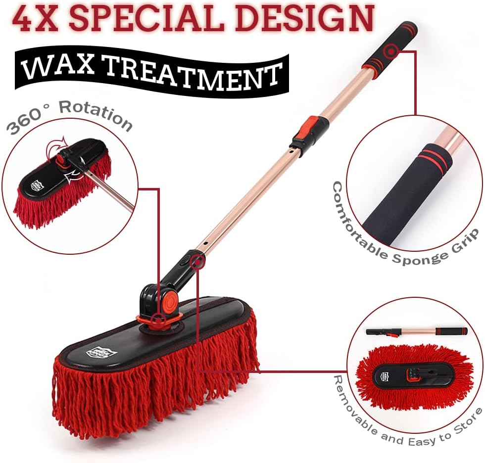 Car Duster Exterior Scratch Free,Car Dust Brush with Extendable Telescoping Handle to Remove Dust Pollen,Duster for Car,Truck,RV and Motorcycle,Large Auto Mop Duster Head, Wax Cotton Hair