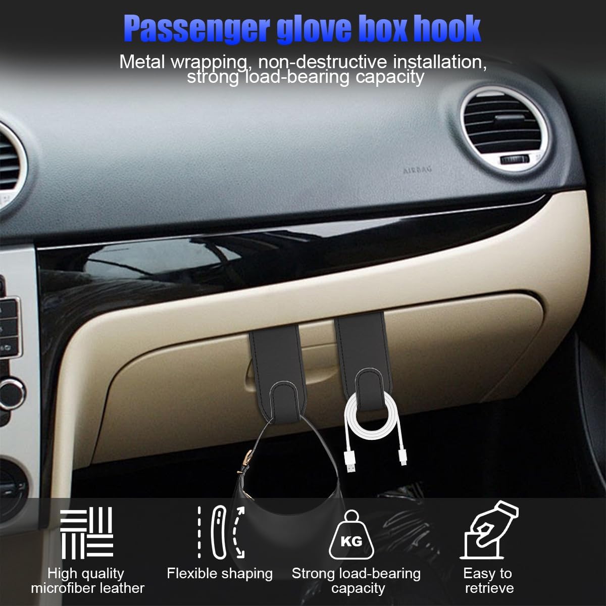 Bittwee Car Co-Pilot Glovebox Hooks, 2PCS Anti-Scratch Vehicle Passenger Seat Storage Hanger for Handbag Purse Umbrellas, Auto Interior Organizer, Universal for SUV Sedan Truck(Black)