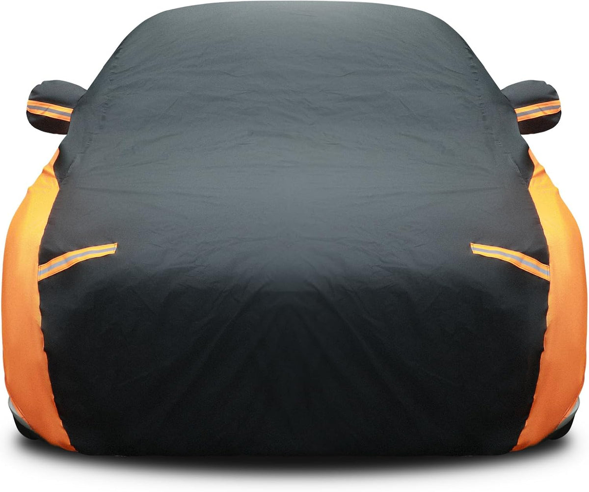 Riakrum Full Car Cover Waterproof All Weather for Automobiles Windproof Cover Rain UV Protection Sun Scratch Resistant Outdoor Universal(Fit Sedan Length (185-193'') 70'' H,Black, Orange)