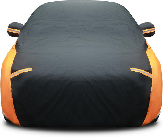 Riakrum Full Car Cover Waterproof All Weather for Automobiles Windproof Cover Rain UV Protection Sun Scratch Resistant Outdoor Universal(Fit Sedan Length (185-193'') 70'' H,Black, Orange)