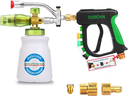 DUSICHIN Pressure Washer Gun Foam Cannon Dual Connector Shift Valve, Car Wash Foam Cannon Kit 1/4 Inch Quick Connector 5 Pressure Washer Nozzle Tips Build-in Design Work with A Pressure Washer DUS2703