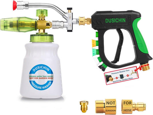 DUSICHIN Pressure Washer Gun Foam Cannon Dual Connector Shift Valve, Car Wash Foam Cannon Kit 1/4 Inch Quick Connector 5 Pressure Washer Nozzle Tips Build-in Design Work with A Pressure Washer DUS2703