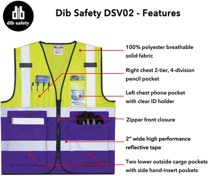 Dib Safety Reflective Safety Vest for Men Women, High Visibility Vest with Pockets and Zipper, ANSI Class 2