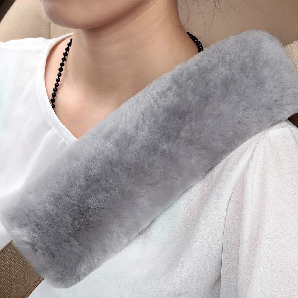 OGLAND Authentic Sheepskin Car Seat Belt Pad,2 Pack Soft Seat Belt Cover for Shoulder Pad Neck Cushion Protector Car Accessories by Genuine Natural Merino Wool (Misty Gray) - Colors B