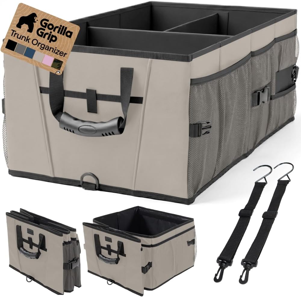GORILLA GRIP Trunk Organizer for SUV and Cars, Large Capacity Collapsible Car Trunk Storage Organizer, Heavy Duty Car Accessories, Gifts for Mom and Dad, Slip & Water Resistant Multi Compartment Black
