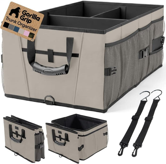 GORILLA GRIP Trunk Organizer for SUV and Cars, Large Capacity Collapsible Car Trunk Storage Organizer, Heavy Duty Car Accessories, Gifts for Mom and Dad, Slip & Water Resistant Multi Compartment Black