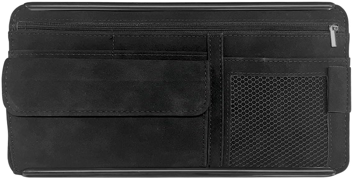 Suede Car Sun Visor Organizer with Multi-Pocket Net Zipper, Glasses Case, Sunglass Holder (Grey)