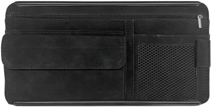 Suede Car Sun Visor Organizer with Multi-Pocket Net Zipper, Glasses Case, Sunglass Holder (Grey)
