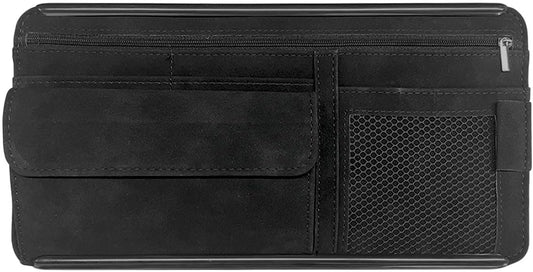 Suede Car Sun Visor Organizer with Multi-Pocket Net Zipper, Glasses Case, Sunglass Holder (Grey)